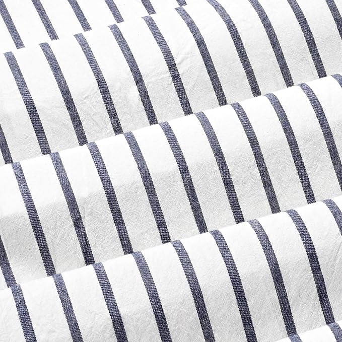 DOSLY IDÉES Farmhouse Shower Curtain, Beige and Blue Stripe, Button Curtain, Linen and Cotton Woven Fabric, Rustic Charm Country Chic Style, 72x72 in