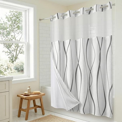 Americanflat 72x75 Hookless Shower Curtain - Water-Resistant Soft Waves Shower Curtain with Sheer Panel, Snap-in Liner, and Durable Grommets - 100% Polyester - Black and White