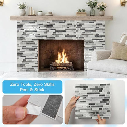 Art3d Linear Tile Peel and Stick Backsplash, 10-Sheet, Multi-Tone Gray | 12 x 12 Inch, Enhanced Thickness, Warp Resistant, Strong Adhesion, Sturdy, for Kitchen, Bedroom, Ideal for Home Improvement