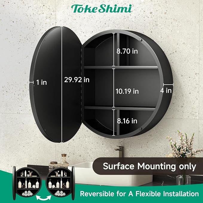 TokeShimi 30x30 Black Medicine Cabinet for Bathroom, Round Medicine Cabinet with Mirror Shatterproof, Removable Shelf, Surface Mount Only