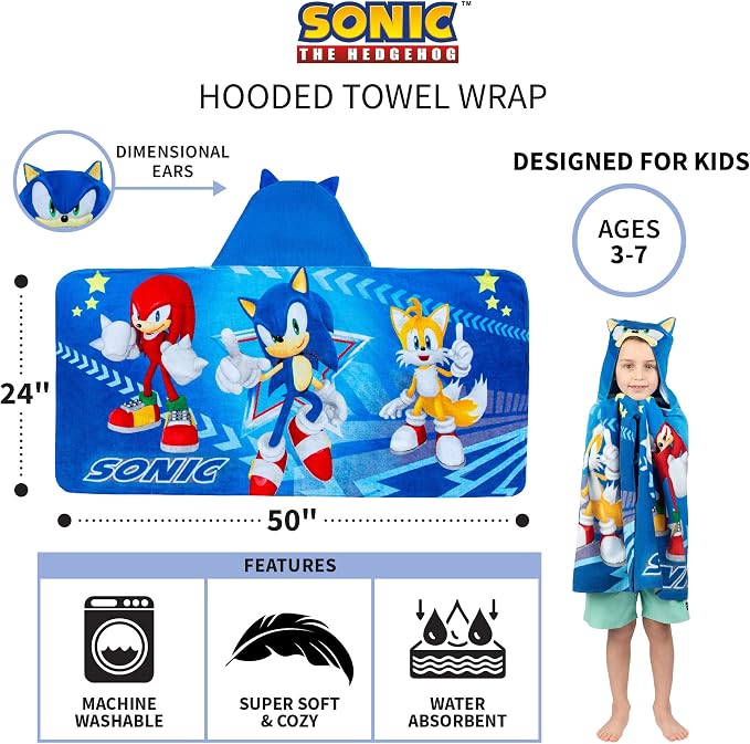 Sonic The Hedgehog, Anime, Bath/Pool/Beach Soft Cotton Terry Hooded Towel Wrap, 24 in x 50 in, By Franco Kids