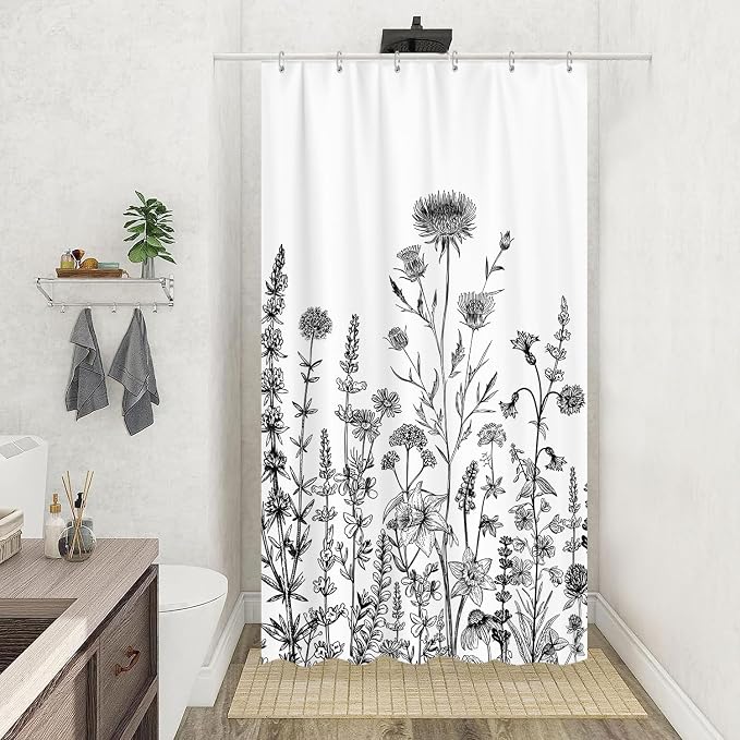 GOAOK Vintage Boho Shower Curtain Black and White Theme, Floral Aesthetic Dark Wildflower Botanical Flowers Shower Curtain for Bathroom with Hook, Farmhouse Plant Art Chic Shower Curtain 36x72