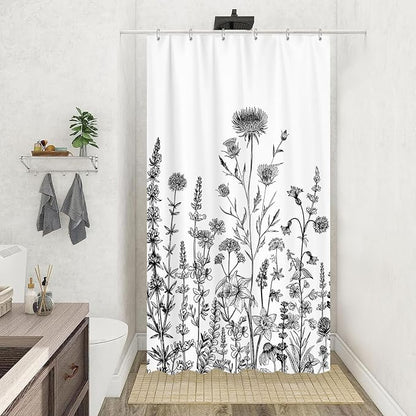 GOAOK Vintage Boho Shower Curtain Black and White Theme, Floral Aesthetic Dark Wildflower Botanical Flowers Shower Curtain for Bathroom with Hook, Farmhouse Plant Art Chic Shower Curtain 36x72