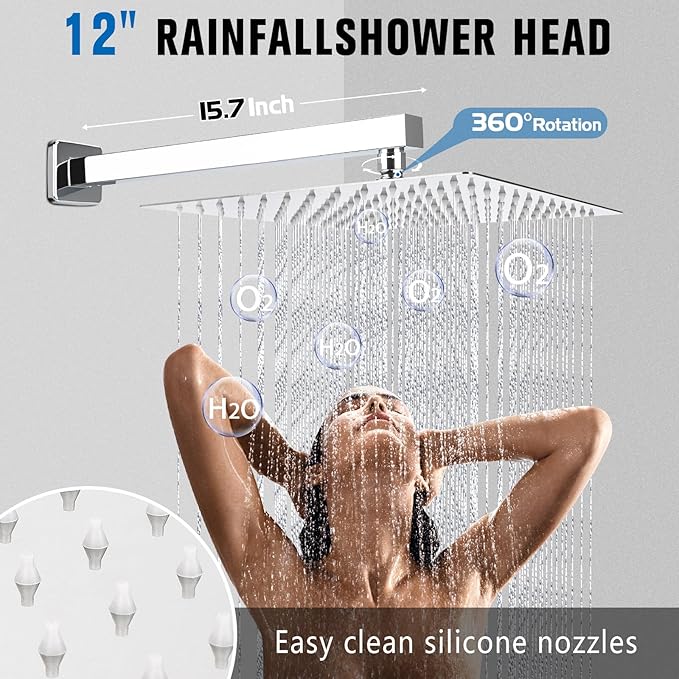 12 Inch Rainfall Shower System with Tub Spout Wall Mounted Complete Combo with Solid Brass Pressure Balancing Valve, High Pressure Shower Head, Handle Set & Installation Accessories Chrome