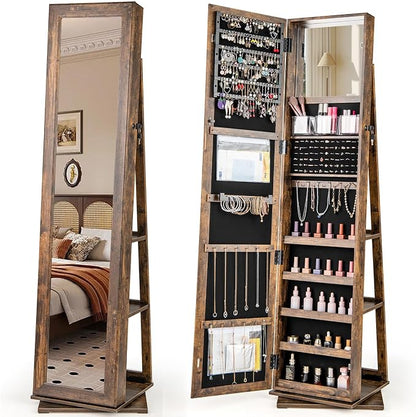 CHARMAID 3-in-1 Jewelry Armoire with Full Length Mirror, 360° Swivel Lockable Jewelry Cabinet with Shelves, Freestanding Mirror Organizer for Earrings, Necklaces, Rings, Makeup (Vintage Brown)