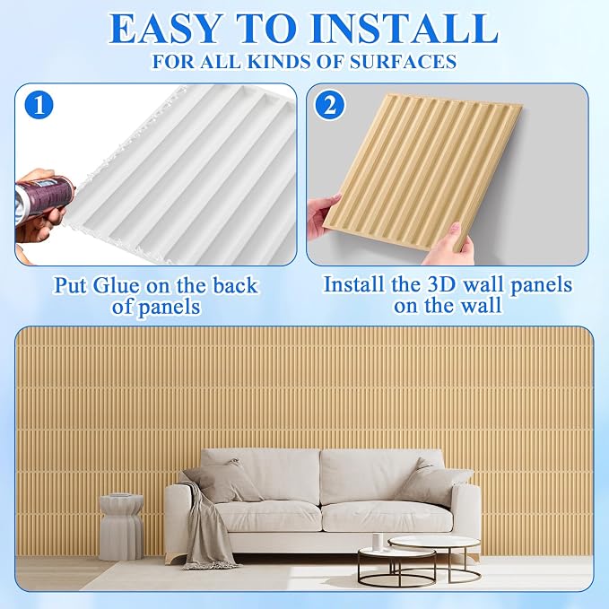 Nuanchu 32 Pcs 3D Wall Panels, 12"x12" PVC Fluted Tiles, Natural Oak | Waterproof Accent Panels, Paintable Wall Tiles, for TV Background, Bedroom, Bathroom, Gaming Room, Cuttable Home DIY Decor