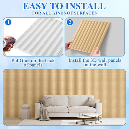 Nuanchu 32 Pcs 3D Wall Panels, 12"x12" PVC Fluted Tiles, Natural Oak | Waterproof Accent Panels, Paintable Wall Tiles, for TV Background, Bedroom, Bathroom, Gaming Room, Cuttable Home DIY Decor