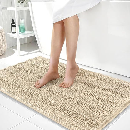 OLANLY Thick Large Bathroom Rugs 40x24, Soft Chenille Bath Rugs, Beige | Absorbent Striped, Rubber Backing, Machine Wash Dry, Bath Mats for Bathroom Floor, Tub and Shower, Home Decor Accessories
