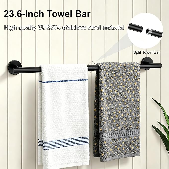 5 Pieces Matte Black Bathroom Accessories Set Towel Bar Set | 24 Inch Towel Racks Wall Mounted,Toilet Paper Holder,Towel Ring,2 Towel Hooks,Stainless Steel Bathroom Hardware Set