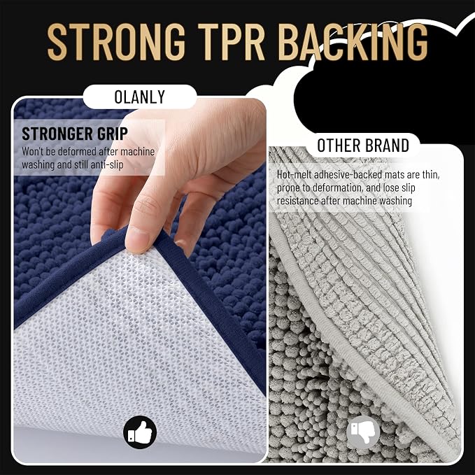 OLANLY Small Bathroom Rugs 24x16, Chenille Bath Rugs, Twilight Sapphire | Rubber Backing, Machine Wash, Extra Absorbent Striped Bath Mats for Bathroom Floor, Tub and Shower, Home Decor Accessories