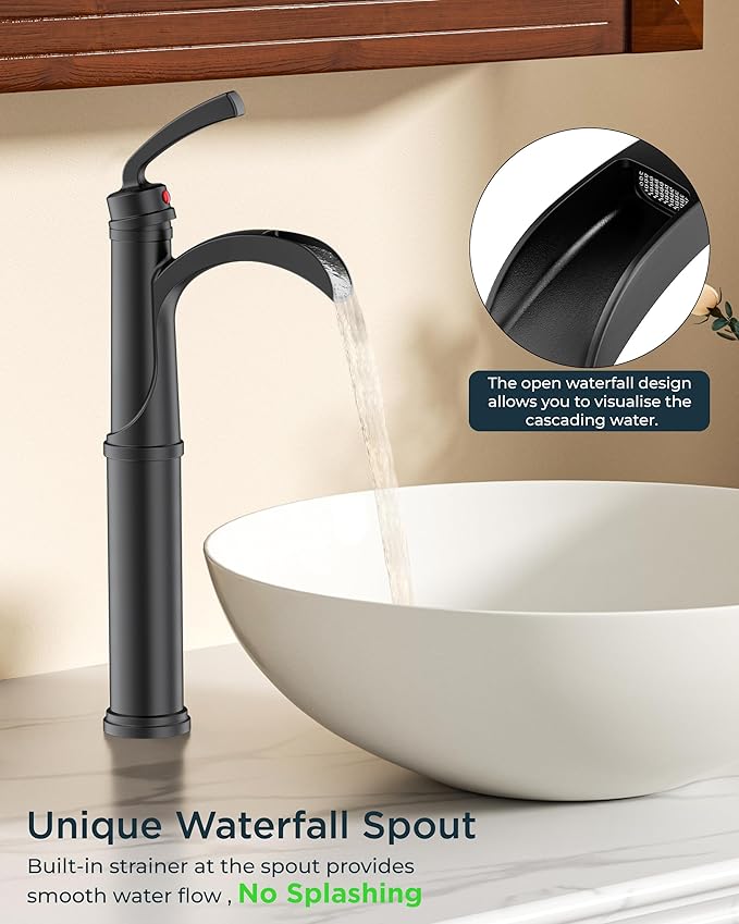 Forious Black Bathroom Faucets, Tall Waterfall Bathroom Faucet Single Handle One Hole Deck Mount Bowl Vessel Sink Faucet Bathroom with Metal Pop Up Drain and Supply Lines