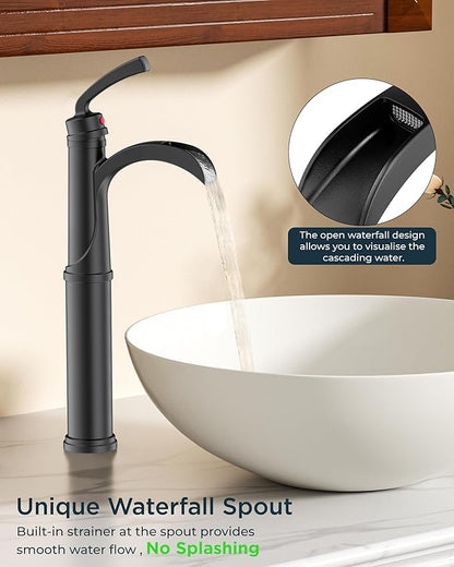 Forious Black Bathroom Faucets, Tall Waterfall Bathroom Faucet Single Handle One Hole Deck Mount Bowl Vessel Sink Faucet Bathroom with Metal Pop Up Drain and Supply Lines