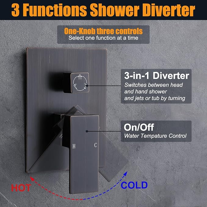 Enga Oil Rubbed Bronze Rain Shower System with Body Spray, 12inch Ceiling Rainfall Shower Faucet Complete Kit with 3-way Diverter Valve