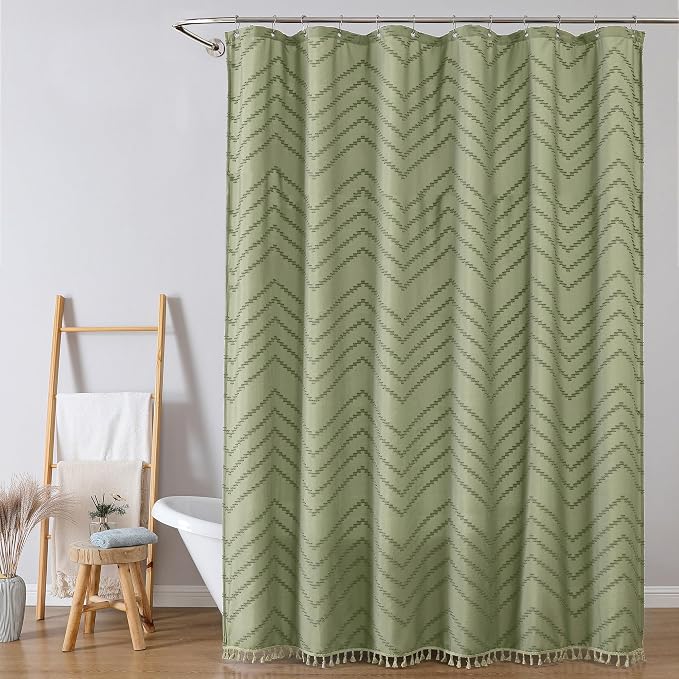 Extra Long Light Green Boho Shower Curtain, Chic Tufted Chevron Striped Textured Fabric Cloth Shower Curtains with Tassel for Bathroom, Soft Hotel Style Farmhouse, Machine Washable, 72x84