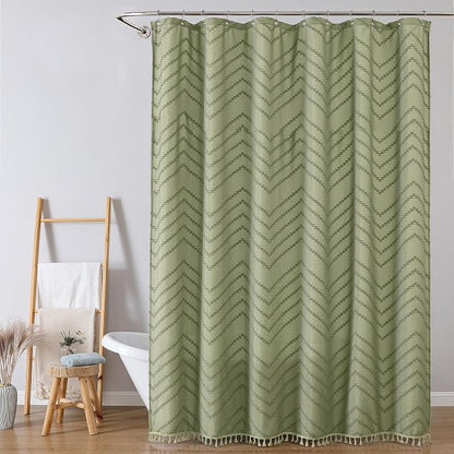 Extra Long Light Green Boho Shower Curtain, Chic Tufted Chevron Striped Textured Fabric Cloth Shower Curtains with Tassel for Bathroom, Soft Hotel Style Farmhouse, Machine Washable, 72x84