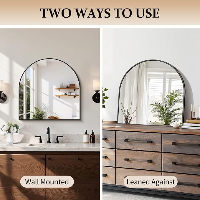 COFENY Arched Mirror, 24’’x24’’ Black Arch Mirrors for Bathroom Sink, Small Bathroom Vanity Mirror with Metal Frame, Modern Wall Mounted Mirror for Bedroom Living Room Mantle Entryway