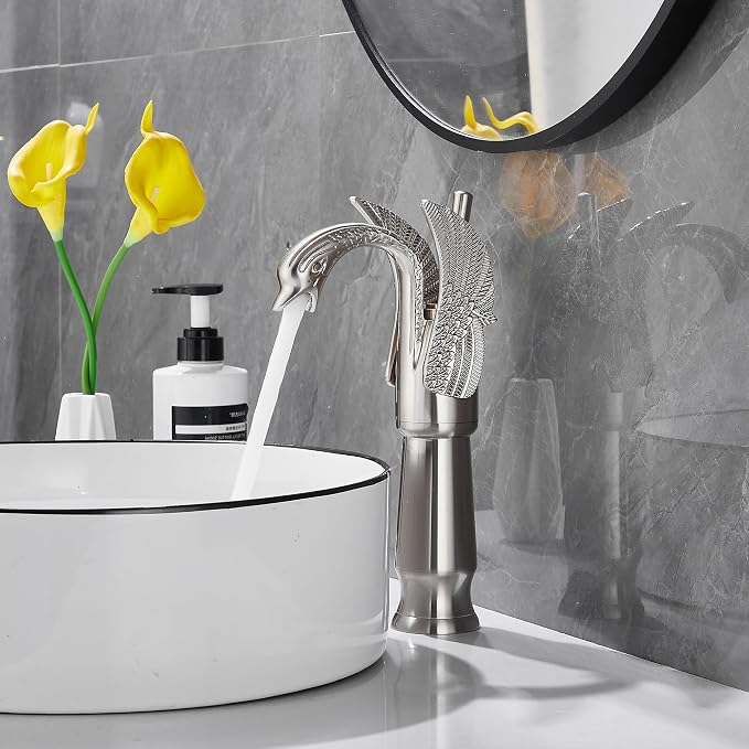 Brushed Nickel Swan Shape Single Handle 1Hole Bathroom Vessel Sink Faucet Deck Mount Lavatory Sink Faucet
