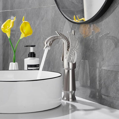 Brushed Nickel Swan Shape Single Handle 1Hole Bathroom Vessel Sink Faucet Deck Mount Lavatory Sink Faucet