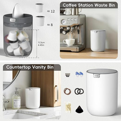 EKO Fandy 0.58 Gal/2.2L Mini Trash Can with Lid, Swing-Top Desktop Trash Can for Bathroom, Countertop, Vanity, Desk or Office, Small Garbage Bin (White) (Pack of 12)