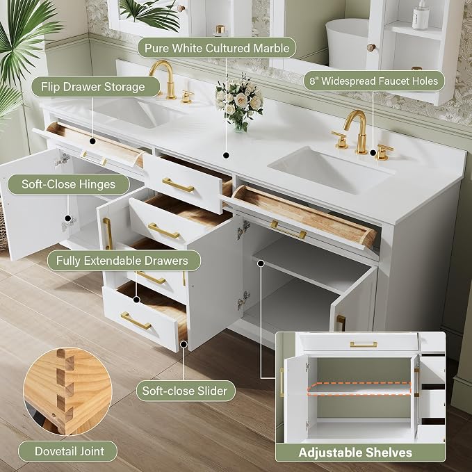 80-Inch Bathroom Vanity with Double Sinks W/ 4 Doors & 4 Drawers & 2 Flip Drawers, White Vanity W/Brushed Gold Handles