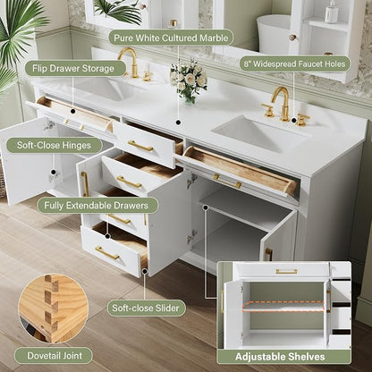 80-Inch Bathroom Vanity with Double Sinks W/ 4 Doors & 4 Drawers & 2 Flip Drawers, White Vanity W/Brushed Gold Handles