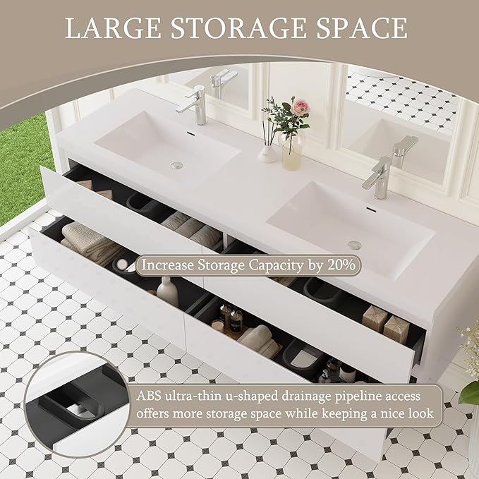 Floating Bathroom Vanity with Double Sinks, 72" Wall-Mounted Bathroom Storage Vanity Cabinet with Resin Top Basin and Soft Close Drawers, No Assembly Required, Glossy White