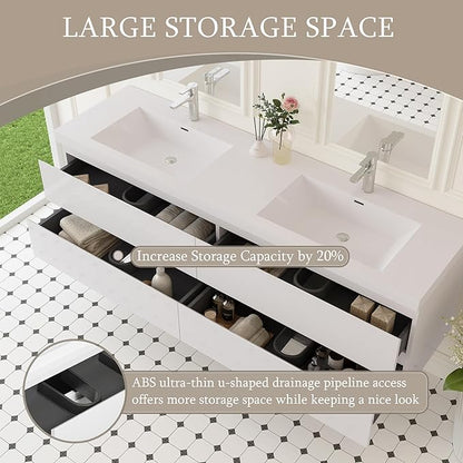 Floating Bathroom Vanity with Double Sinks, 72" Wall-Mounted Bathroom Storage Vanity Cabinet with Resin Top Basin and Soft Close Drawers, No Assembly Required, Glossy White