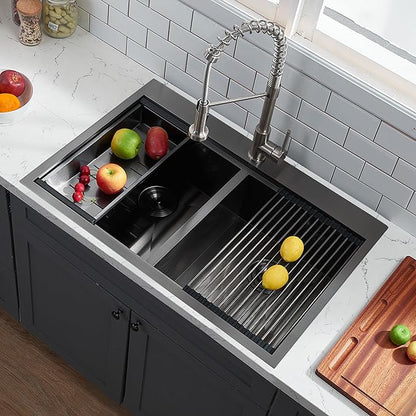 KINGO HOME 33x22 Double Bowl Kitchen Sink 33 Inch Black, Stainless Steel Drop in Double Basin Kitchen Sinks, Topmonut 50/50 Framhouse Sinks Workstation Sink with Accessories
