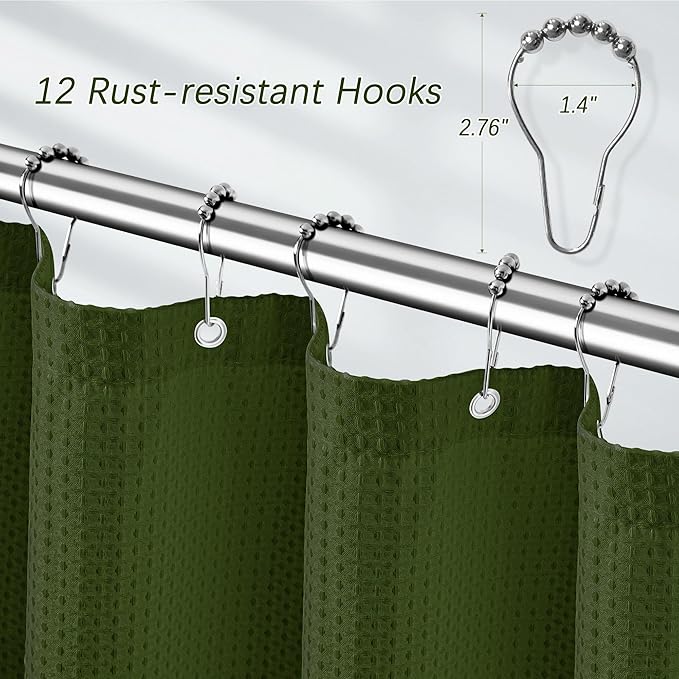 Deep Green Shower Curtain - Waffle Weave Fabric Heavy Duty Shower Curtain for Bathroom, Water Repellent Weighted 256GSM Hotel Quality Machine Washable Bath Curtains with 12 Hooks, 72Wx72H