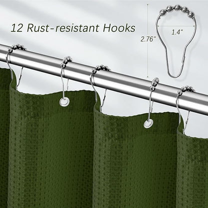 Waterproof Fabric Shower Curtain Extra Long Waffle Weave Heavy Duty Bathroom Shower Curtain Set, 256GSM Weighted Thick Shower Curtain with 12 Rust-Resistant Hooks,72Wx84H Green