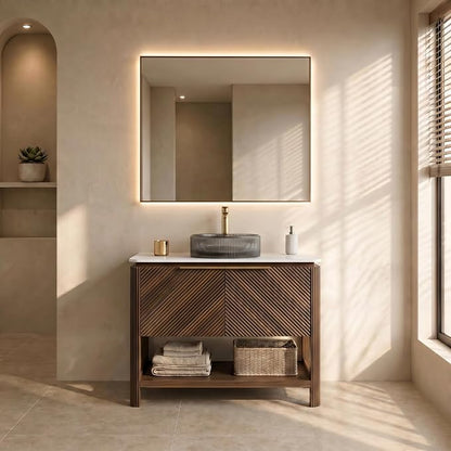 Yayzy 36 Inch Bathroom Vanity with Sink, Freestanding Dark Walnut Bathroom Cabinet, Smoky Gray Glass Vessel Sink, Carrara White Sintered Stone Countertop, Soft Close Doors, Open Storage Shelf