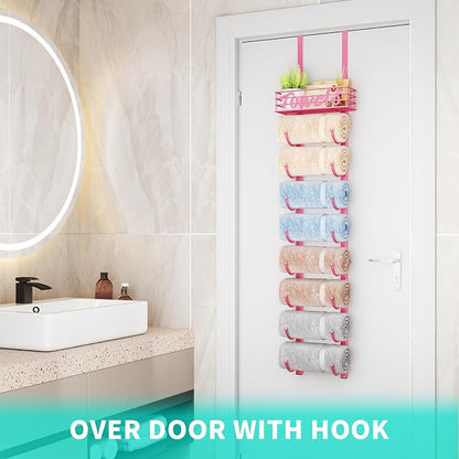 HapiRm Towel Racks for Bathroom Storage - 9 Tier Over The Door & Wall Mount Rolled Towel Storage Organizer Holder with Metal Shelf Basket for Small Bathroom, Camper, Rv - Pink, Patented