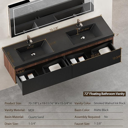 72'' Floating Bathroom Vanity with Double Quartz Sand Basins, Modern Wall-Mounted Striped Storage Cabinet & Soft-Close Drawer, Smoked Walnut
