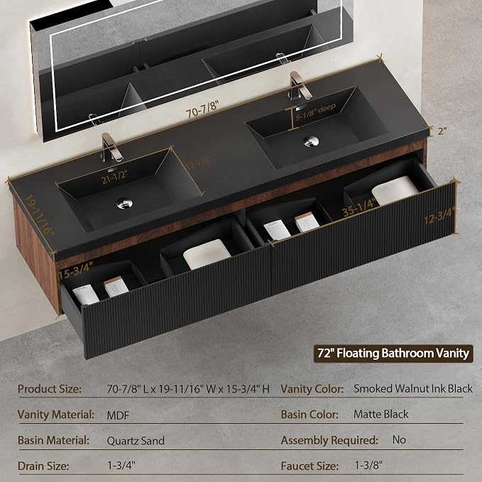 72 Inch Floating Bathroom Vanity with Double Sink, Modern Black Wall Mounted Floating Vanity with Scratch-Resistant Quartz Sand Basin, Soft Closing Drawers, Fully Pre Assembled Bathroom Vanity