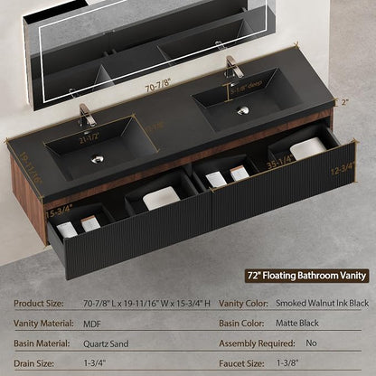 72 Inch Floating Bathroom Vanity with Double Sink, Modern Black Wall Mounted Floating Vanity with Scratch-Resistant Quartz Sand Basin, Soft Closing Drawers, Fully Pre Assembled Bathroom Vanity