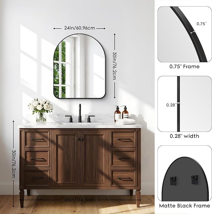 BONEWEI Arched Wall Mirror,24x30 inch Black Arched Mirror Bathroom,Vanity Mirror for Over Sink Metal Frame,Tempered Glass Arch Mirrors for Bedroom,Entryway,Living Room,Home Decor Shatter-Proof