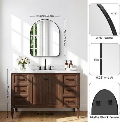 BONEWEI Arched Wall Mirror,24x30 inch Black Arched Mirror Bathroom,Vanity Mirror for Over Sink Metal Frame,Tempered Glass Arch Mirrors for Bedroom,Entryway,Living Room,Home Decor Shatter-Proof
