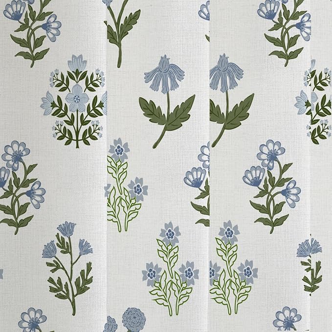 MUGINYU Abstract Vintage Floral Cotton Shower Curtain - Floral Block Print Pattern in Blue and Green,Botanical Boho Shower Curtain Set for Rustic Farmhouse Frenchy Bathroom Decor 72x72 Inch