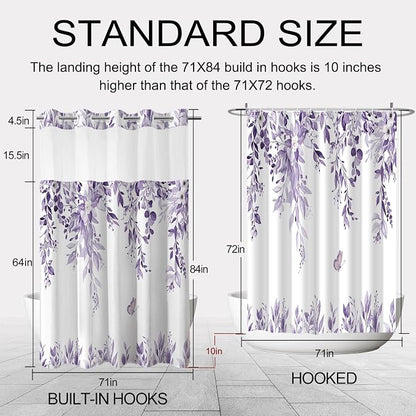 No Hook Shower Curtain and Liner Set, Light Purple Eucalyptus 71x84 | Floral Design, with Snap in Liner, See-Through Top Window, Waterproof, Machine Washable, Quick-Drying, for Hotel Bathroom