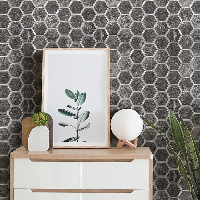STICKGOO Hexagon Peel and Stick Backsplash Tile, Stick on Backsplash for Kitchen and Bathroom, Black Slate Look PVC Mixed Metal Silver Self Adhesive Wall Tiles(10 Sheets, Seamless)