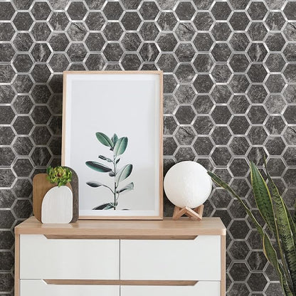 STICKGOO Hexagon Peel and Stick Backsplash Tile, Stick on Backsplash for Kitchen and Bathroom, Black Slate Look PVC Mixed Metal Silver Self Adhesive Wall Tiles(10 Sheets, Seamless)