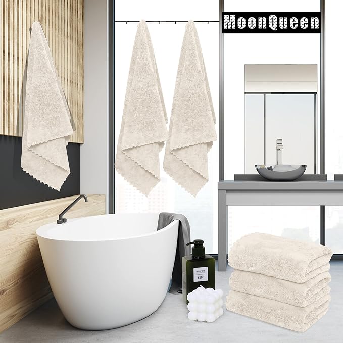 MOONQUEEN 6 Pack Premium Bath Towel Set - Quick Drying - Microfiber Coral Velvet Highly Absorbent Towels - Multipurpose Use as Bath Fitness, Bathroom, Shower, Sports, Yoga Towel (Cream)