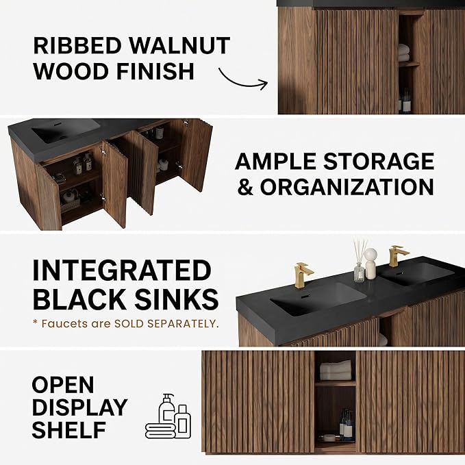 60" Double Bathroom Vanity with Sink Combo, Mid Century Modern Bathroom Cabinet with Doors & Shelves, Matte Black Integrated Sink with Overflow, Walnut