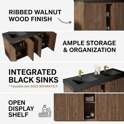 60" Double Bathroom Vanity with Sink Combo, Mid Century Modern Bathroom Cabinet with Doors & Shelves, Matte Black Integrated Sink with Overflow, Walnut
