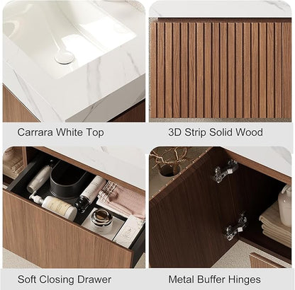 Ambrovina 30" Floating Bathroom Vanity with Sink, Modern Plywood Bathroom Storage Cabinet with Drawer and Door, Carrara White Sintered Stone Countertop, White Ceramic Basin, Pre-Assembled, Dark Oak