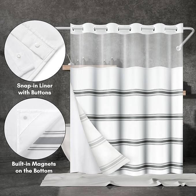 Americanflat 72x75 Hookless Shower Curtain - Water-Resistant Classic Stripe Shower Curtain with Sheer Panel, Snap-in Liner, and Durable Grommets - 100% Polyester - Black and White