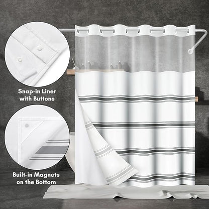 Americanflat 72x75 Hookless Shower Curtain - Water-Resistant Classic Stripe Shower Curtain with Sheer Panel, Snap-in Liner, and Durable Grommets - 100% Polyester - Black and White