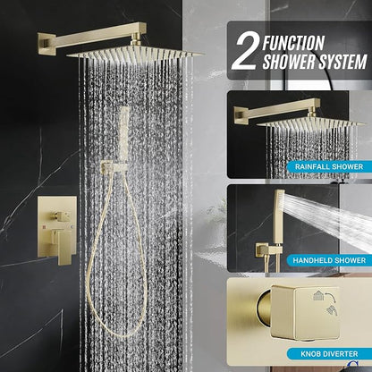 10" Square Rain Shower Faucet Set, Wall Mount, Brush Gold | 304 SS , air tech boosts pressure 50%, dual spray, anti-fingerprint