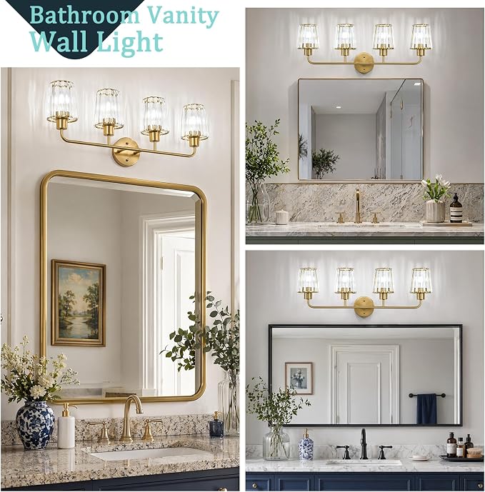 Brushed Gold Vanity Lights, 4-Light Crystal Bathroom Light Fixtures | Modern Bathroom Vanity Light E26 Wall Light over Mirror (Exclude Bulb)