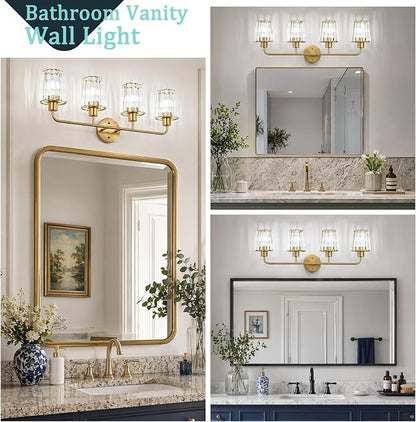 Brushed Gold Vanity Lights, 4-Light Crystal Bathroom Light Fixtures | Modern Bathroom Vanity Light E26 Wall Light over Mirror (Exclude Bulb)